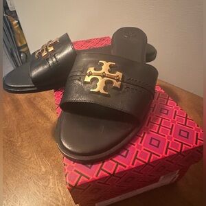 Tory Burch Black Leather Slides with Gold Logo Accent